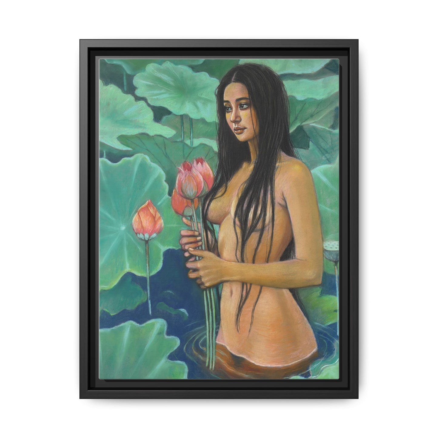 Girl in Lotus Pond (2024)- Framed Canvas Print