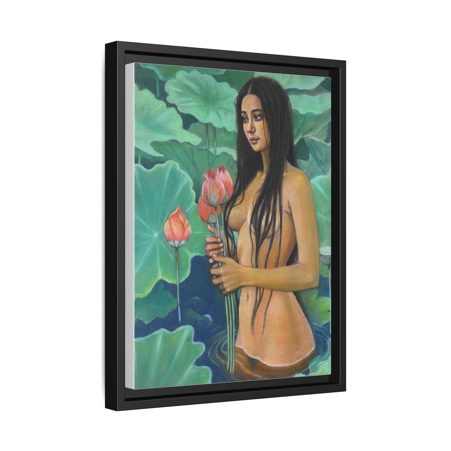 Girl in Lotus Pond (2024)- Framed Canvas Print