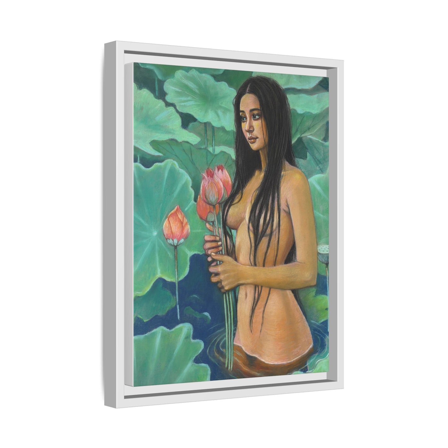 Girl in Lotus Pond (2024)- Framed Canvas Print