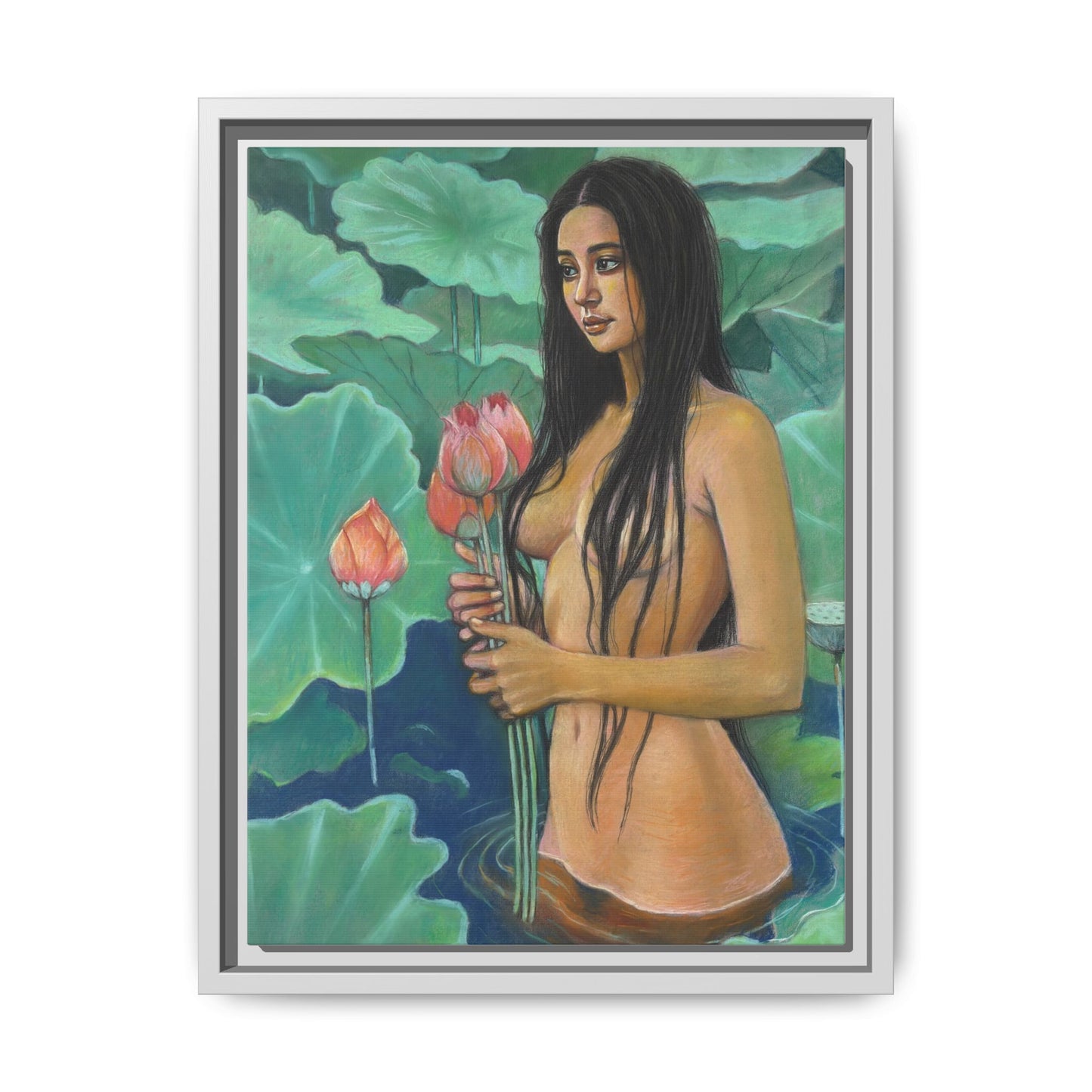 Girl in Lotus Pond (2024)- Framed Canvas Print